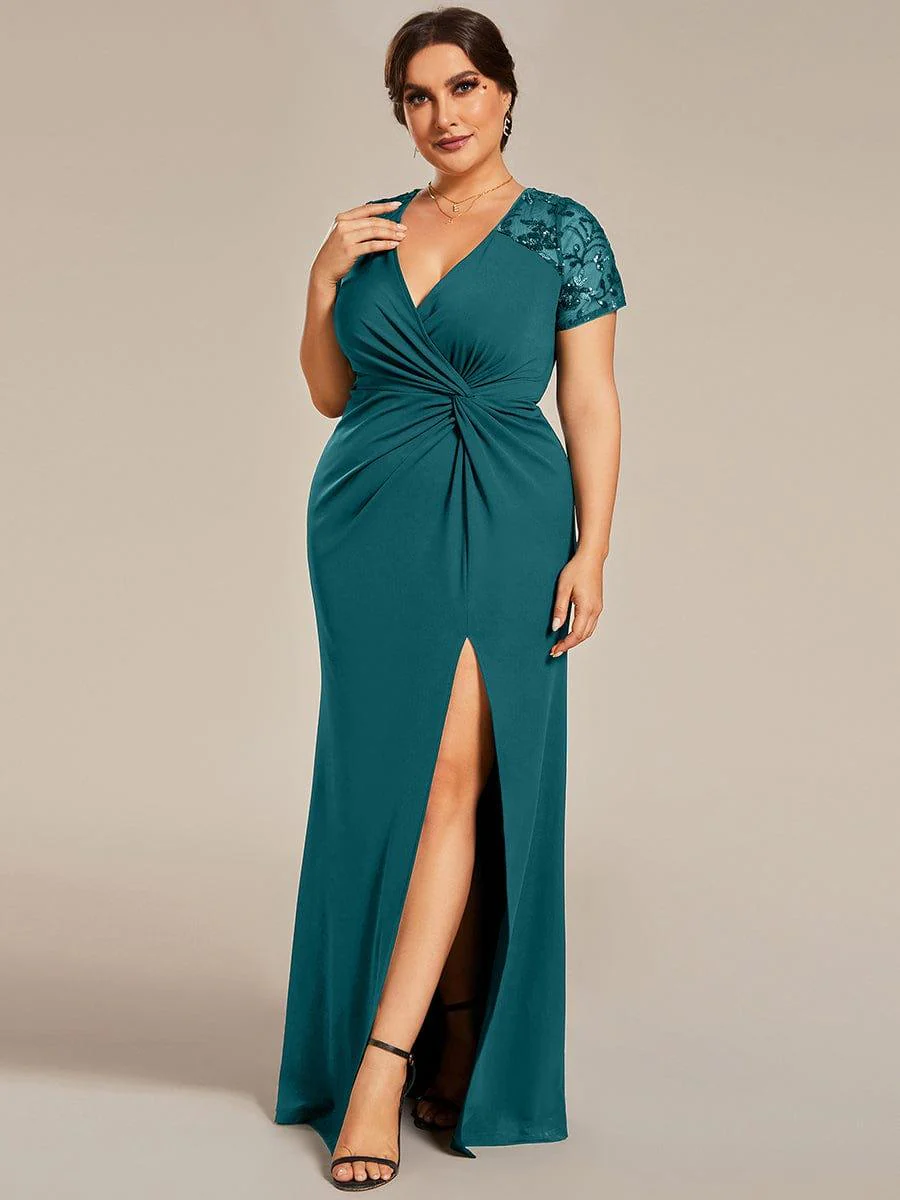pretty GILDED|Plus Size Front Slit Short Sequin Sleeve Mother of the Bride Dress - Image 13