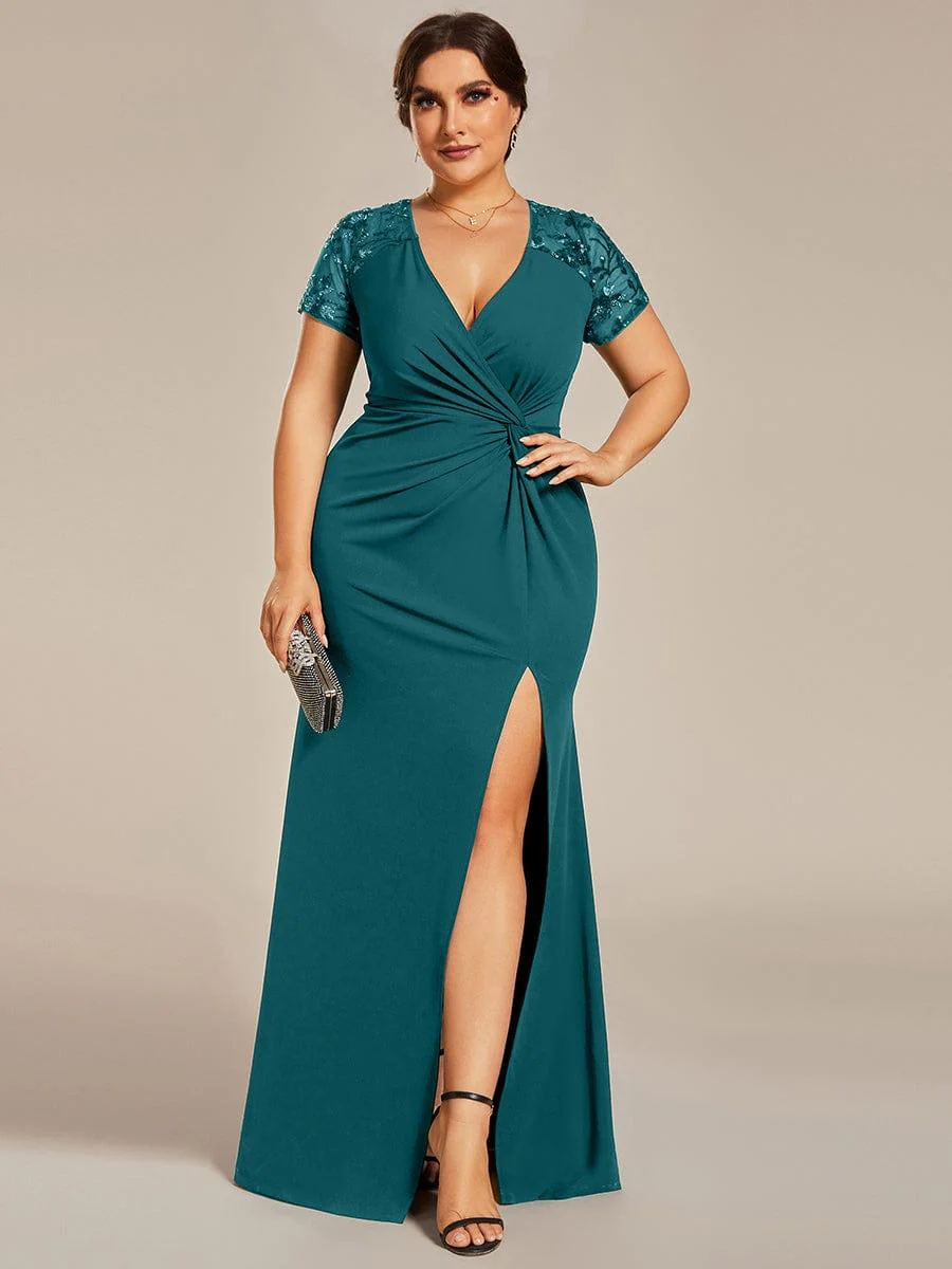 pretty GILDED|Plus Size Front Slit Short Sequin Sleeve Mother of the Bride Dress - Image 14