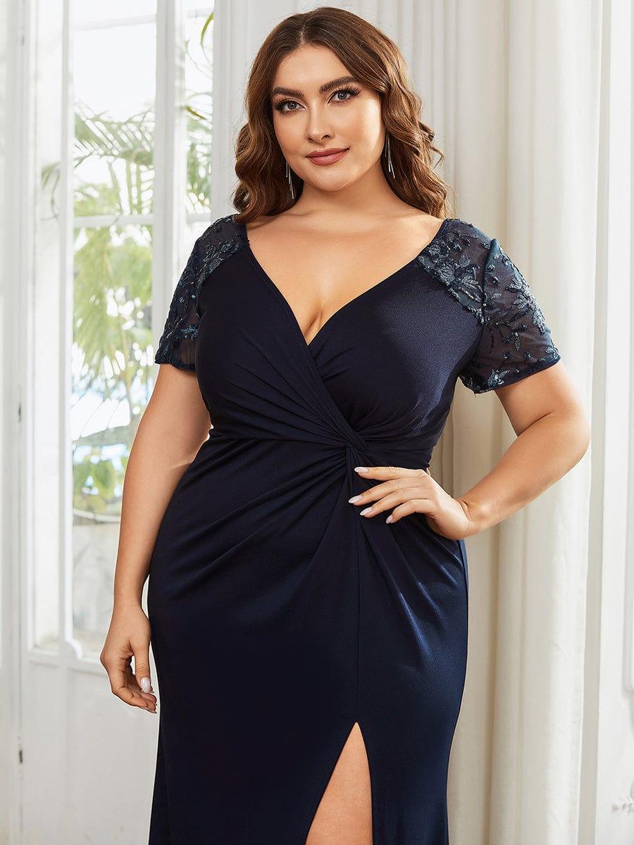 pretty GILDED|Plus Size Front Slit Short Sequin Sleeve Mother of the Bride Dress - Image 7