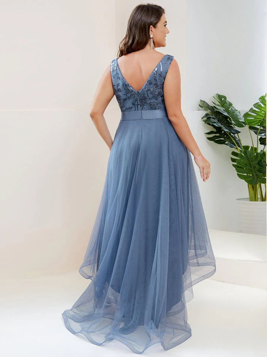 pretty SASHIA|Plus Size High-Low Deep V Neck Tulle Evening Dresses with Sequins - Image 11