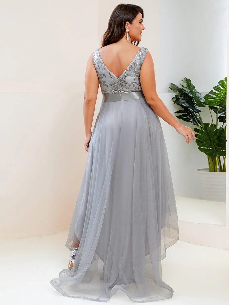 pretty SASHIA|Plus Size High-Low Deep V Neck Tulle Evening Dresses with Sequins - Image 16
