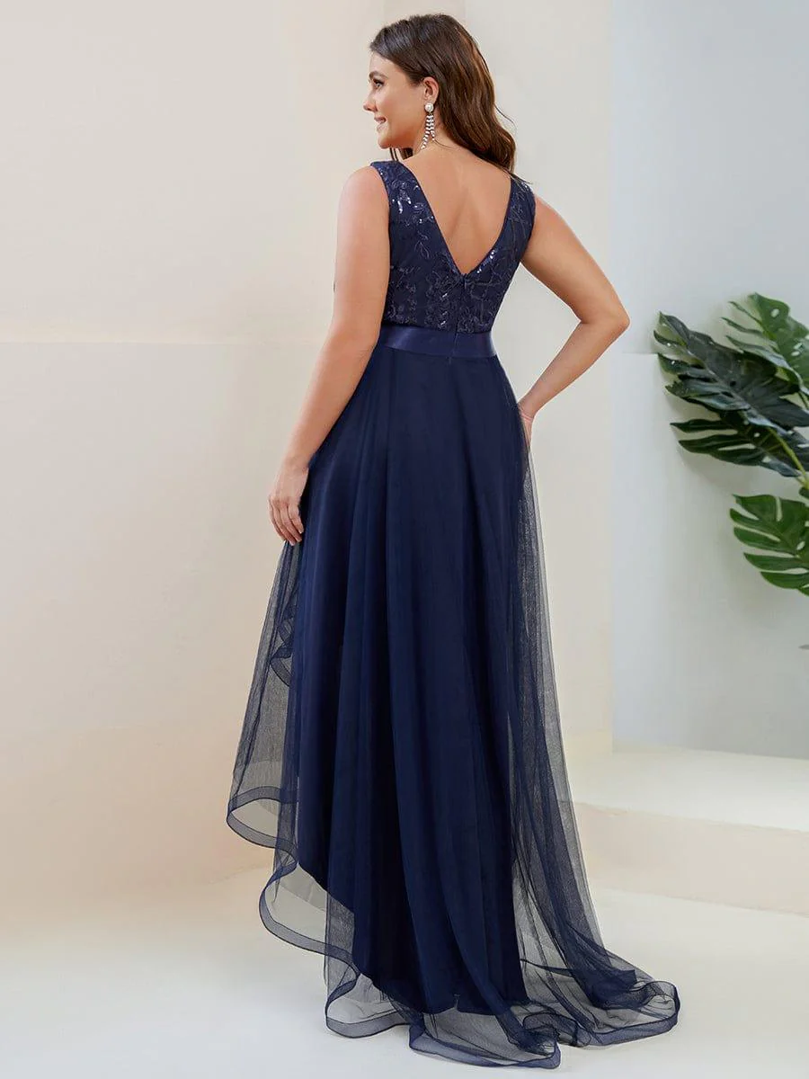 pretty SASHIA|Plus Size High-Low Deep V Neck Tulle Evening Dresses with Sequins - Image 21