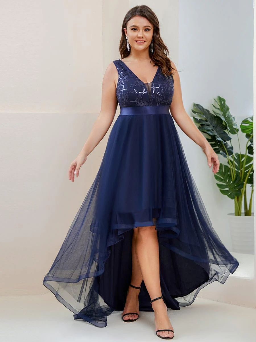 pretty SASHIA|Plus Size High-Low Deep V Neck Tulle Evening Dresses with Sequins - Image 24