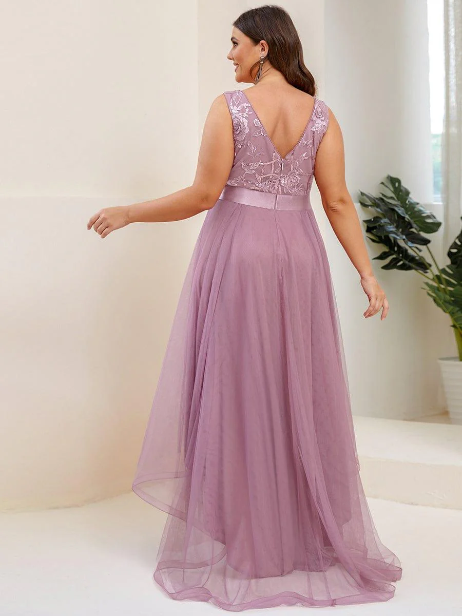pretty SASHIA|Plus Size High-Low Deep V Neck Tulle Evening Dresses with Sequins - Image 26