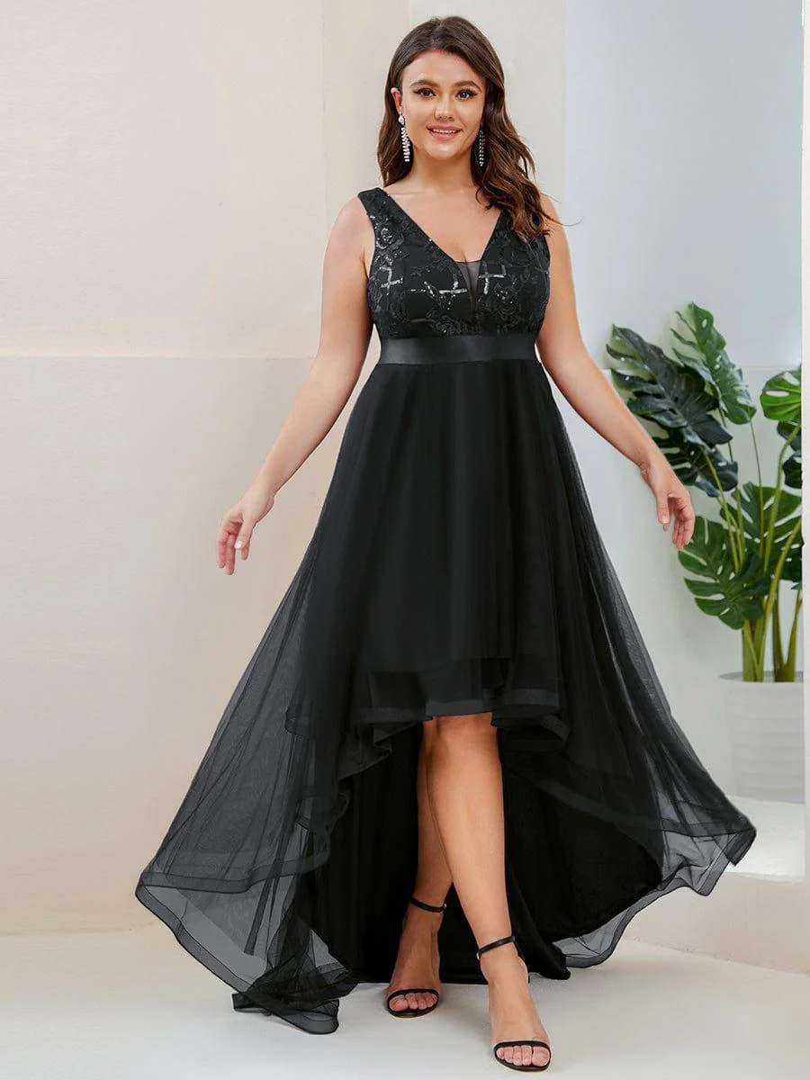pretty SASHIA|Plus Size High-Low Deep V Neck Tulle Evening Dresses with Sequins - Image 30