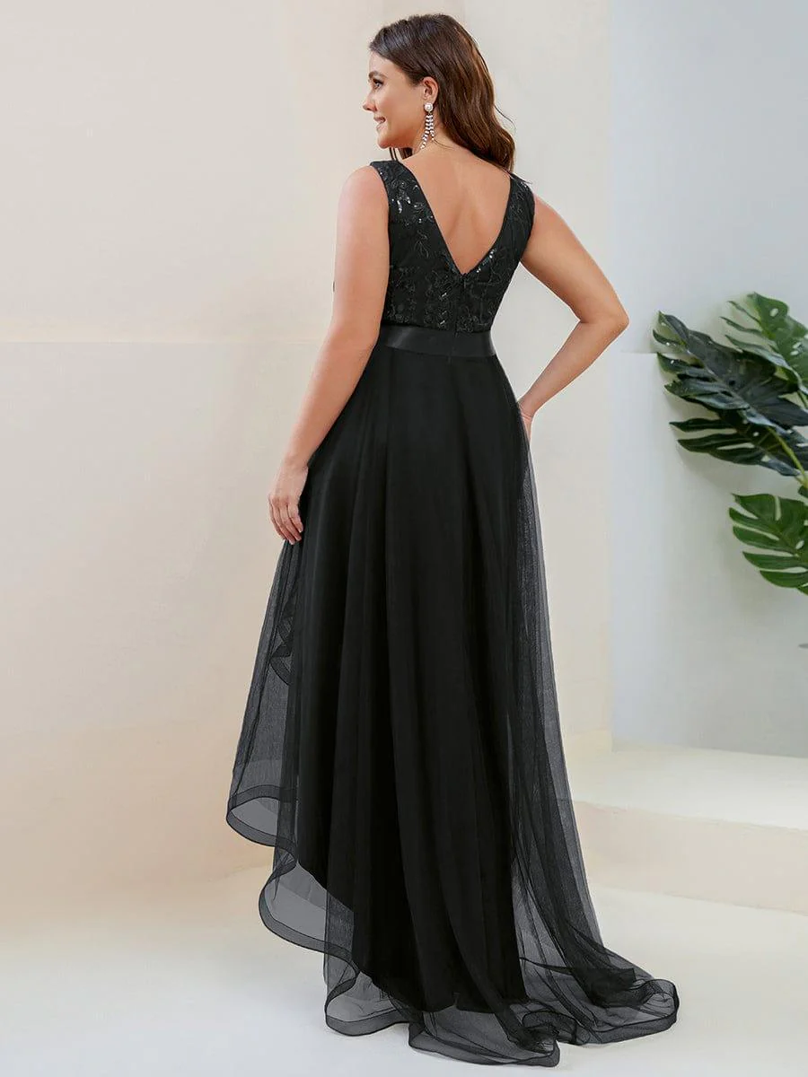 pretty SASHIA|Plus Size High-Low Deep V Neck Tulle Evening Dresses with Sequins - Image 31