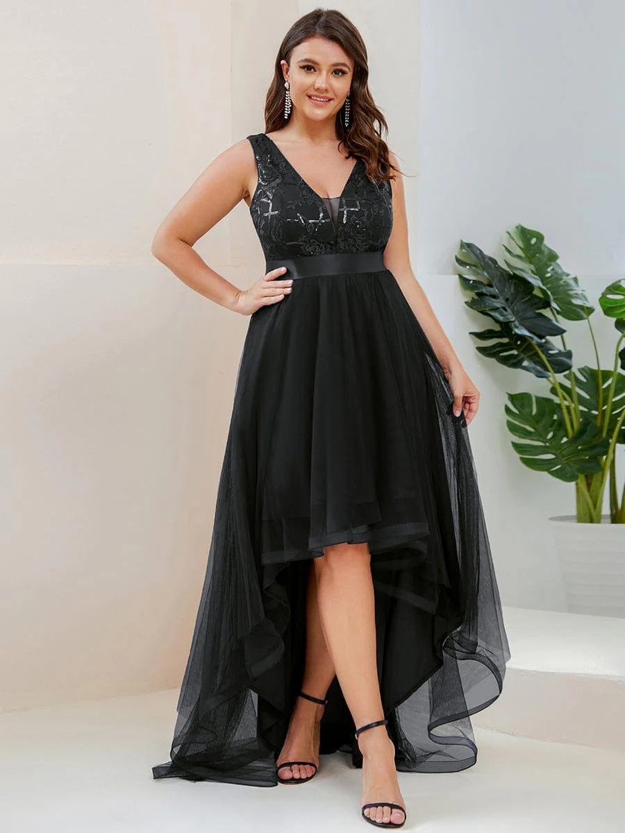 pretty SASHIA|Plus Size High-Low Deep V Neck Tulle Evening Dresses with Sequins - Image 33