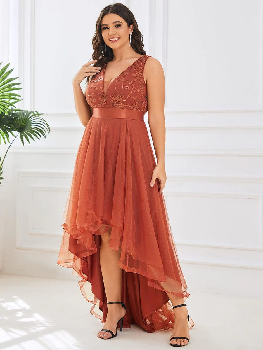 pretty SASHIA|Plus Size High-Low Deep V Neck Tulle Evening Dresses with Sequins - Image 38