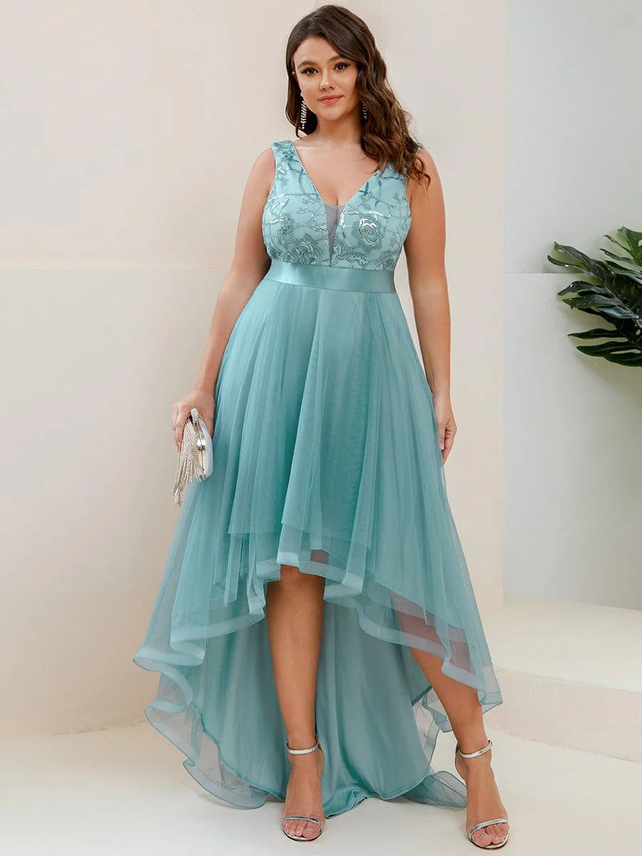 pretty SASHIA|Plus Size High-Low Deep V Neck Tulle Evening Dresses with Sequins - Image 6