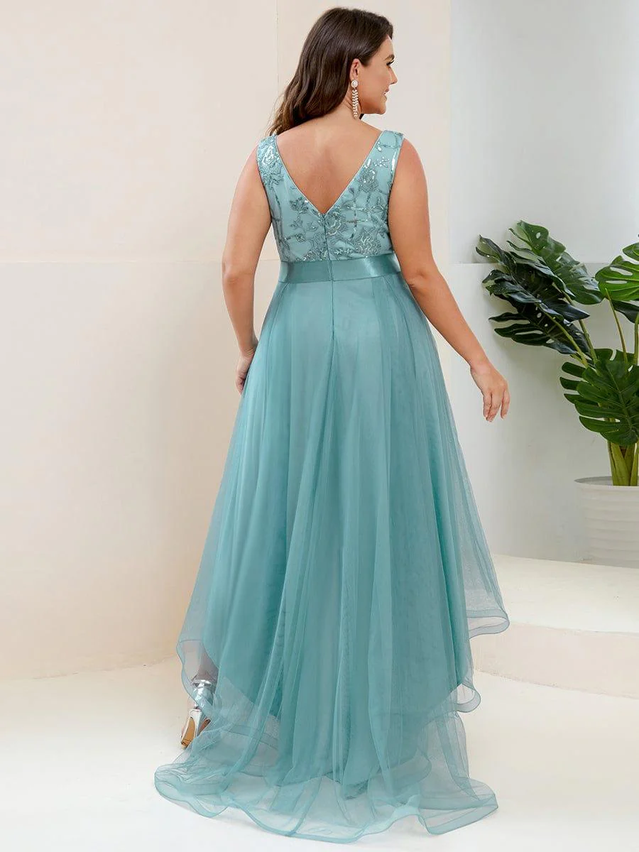 pretty SASHIA|Plus Size High-Low Deep V Neck Tulle Evening Dresses with Sequins - Image 7