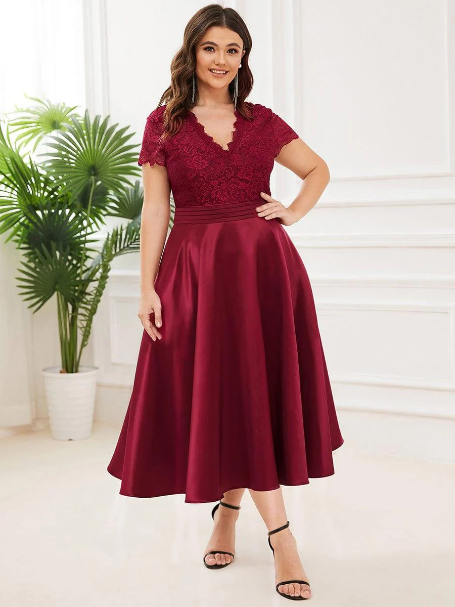 pretty HARLEY|Plus Size Lace Cap Sleeve V neck Midi Formal Dress - Image 11