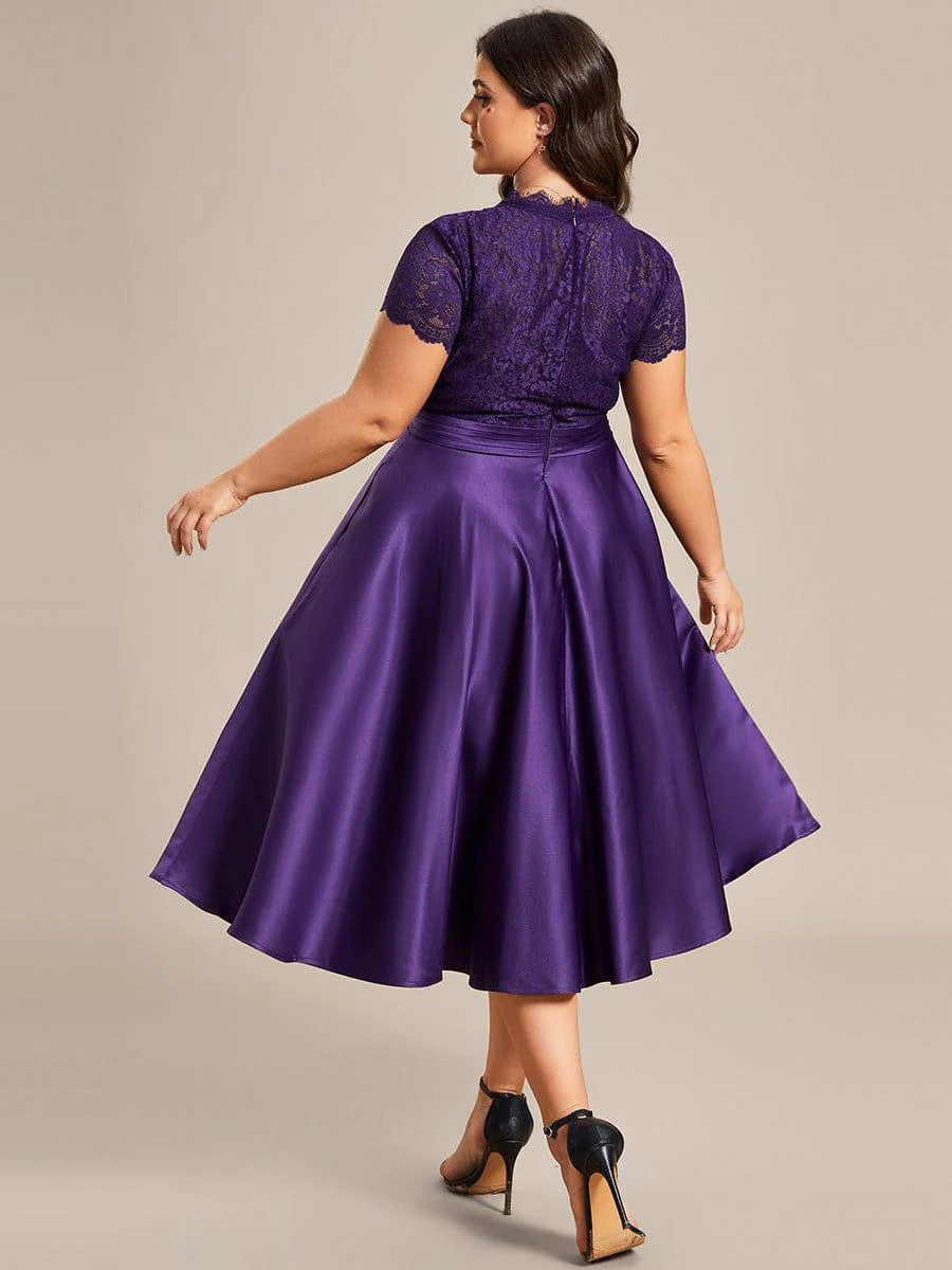 pretty HARLEY|Plus Size Lace Cap Sleeve V neck Midi Formal Dress - Image 17