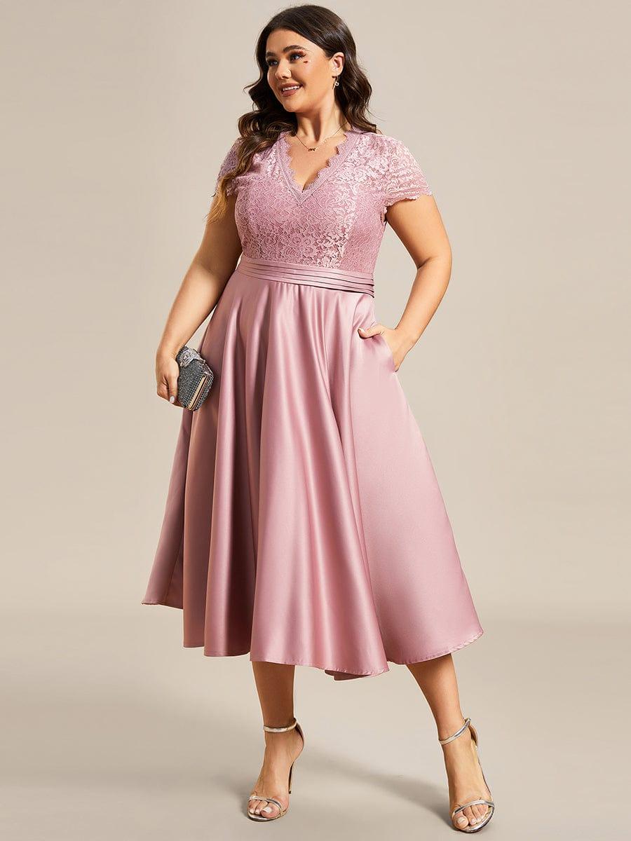 pretty HARLEY|Plus Size Lace Cap Sleeve V neck Midi Formal Dress - Image 23