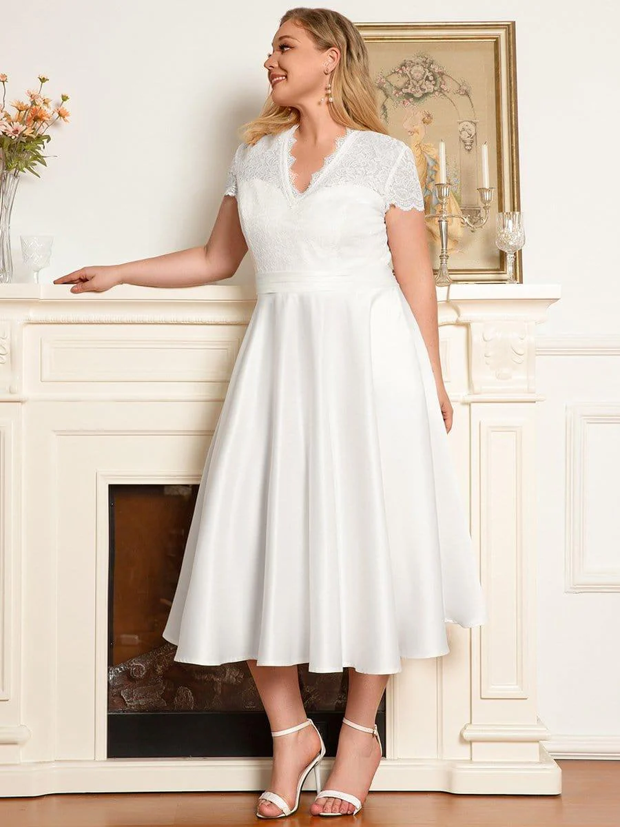 pretty HARLEY|Plus Size Lace Cap Sleeve V neck Midi Formal Dress - Image 3