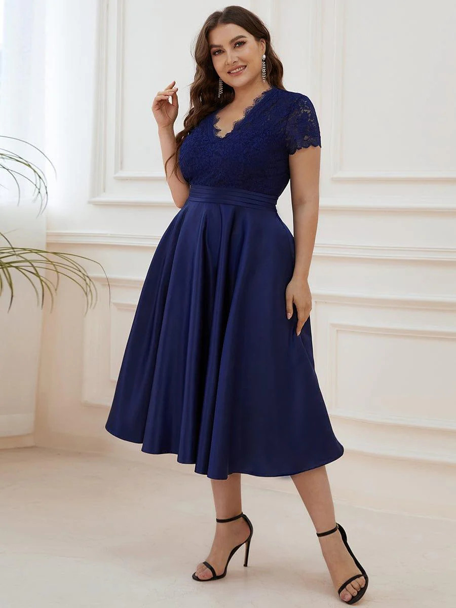pretty HARLEY|Plus Size Lace Cap Sleeve V neck Midi Formal Dress - Image 9