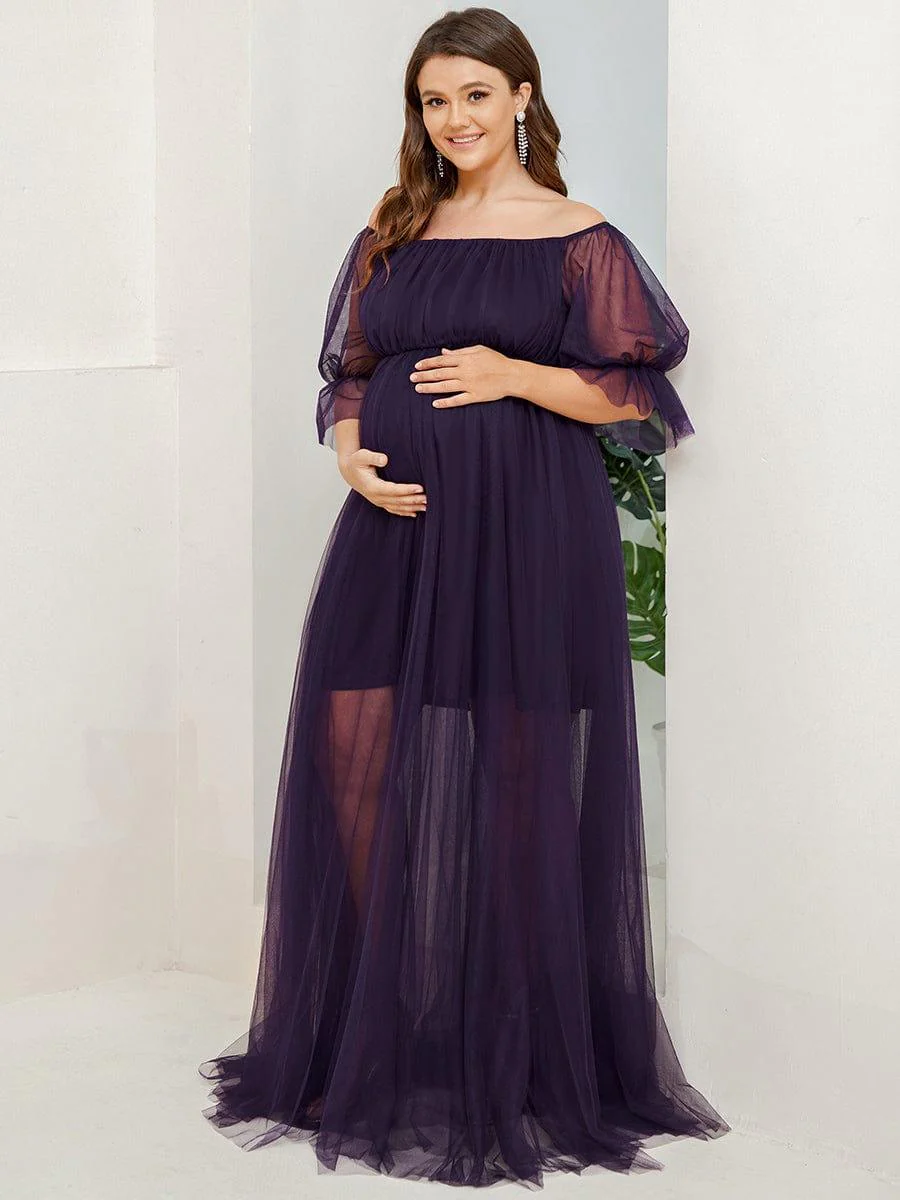 Plus Size Off the Shoulder Pleated Maxi Tulle Maternity Dress - Image 10
