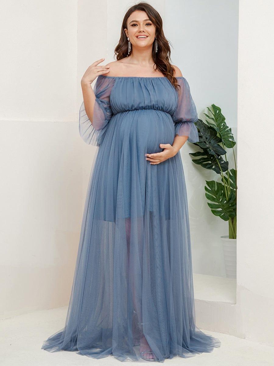 Plus Size Off the Shoulder Pleated Maxi Tulle Maternity Dress - Image 11