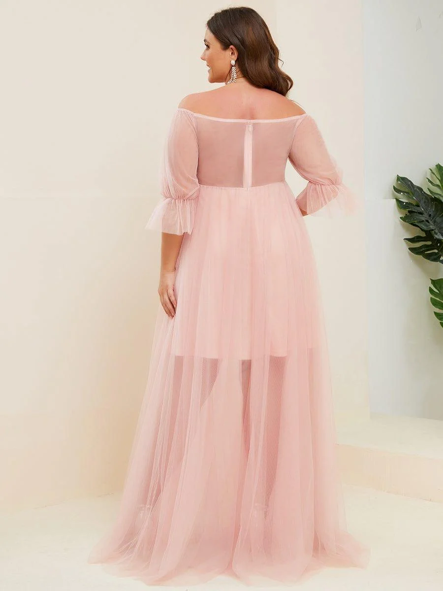 Plus Size Off the Shoulder Pleated Maxi Tulle Maternity Dress - Image 17