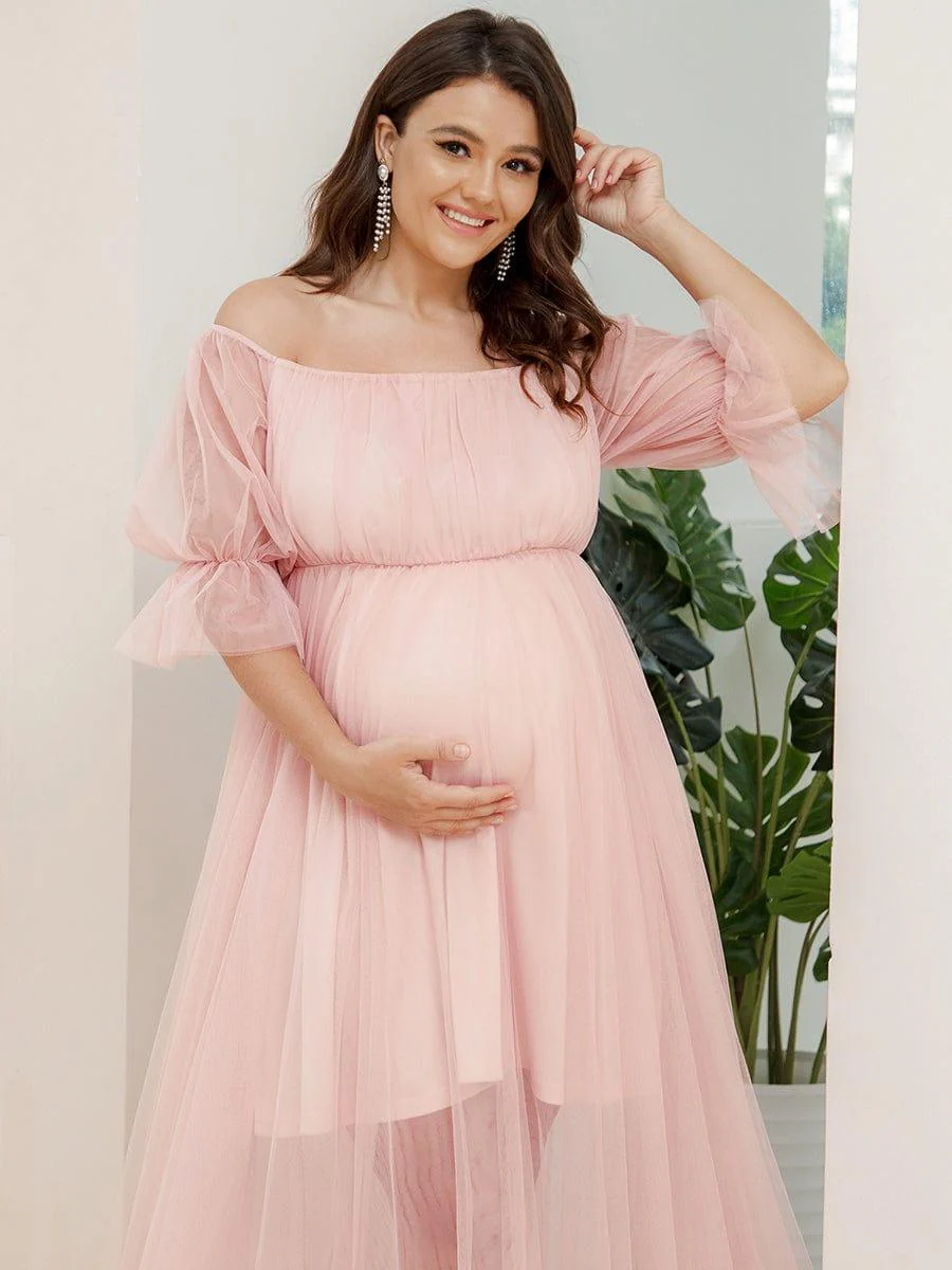 Plus Size Off the Shoulder Pleated Maxi Tulle Maternity Dress - Image 19