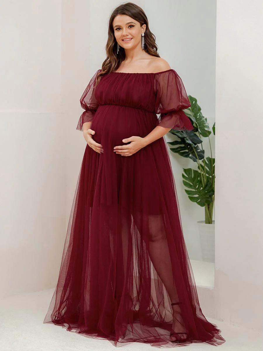 Plus Size Off the Shoulder Pleated Maxi Tulle Maternity Dress - Image 21