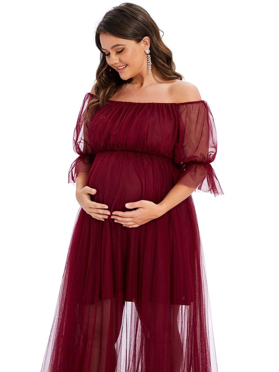 Plus Size Off the Shoulder Pleated Maxi Tulle Maternity Dress - Image 24