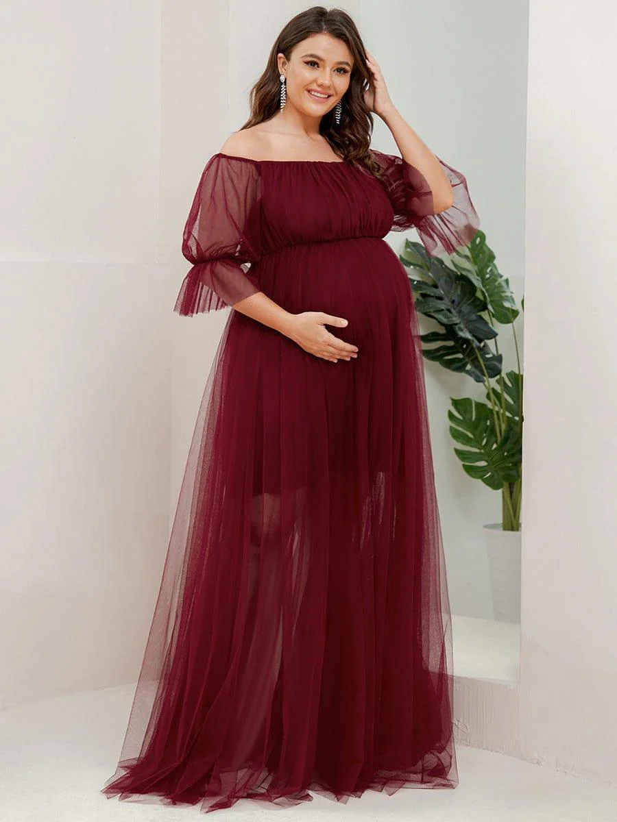 Plus Size Off the Shoulder Pleated Maxi Tulle Maternity Dress - Image 25