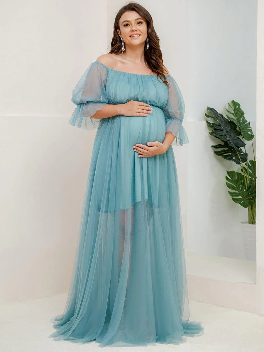 Plus Size Off the Shoulder Pleated Maxi Tulle Maternity Dress - Image 26