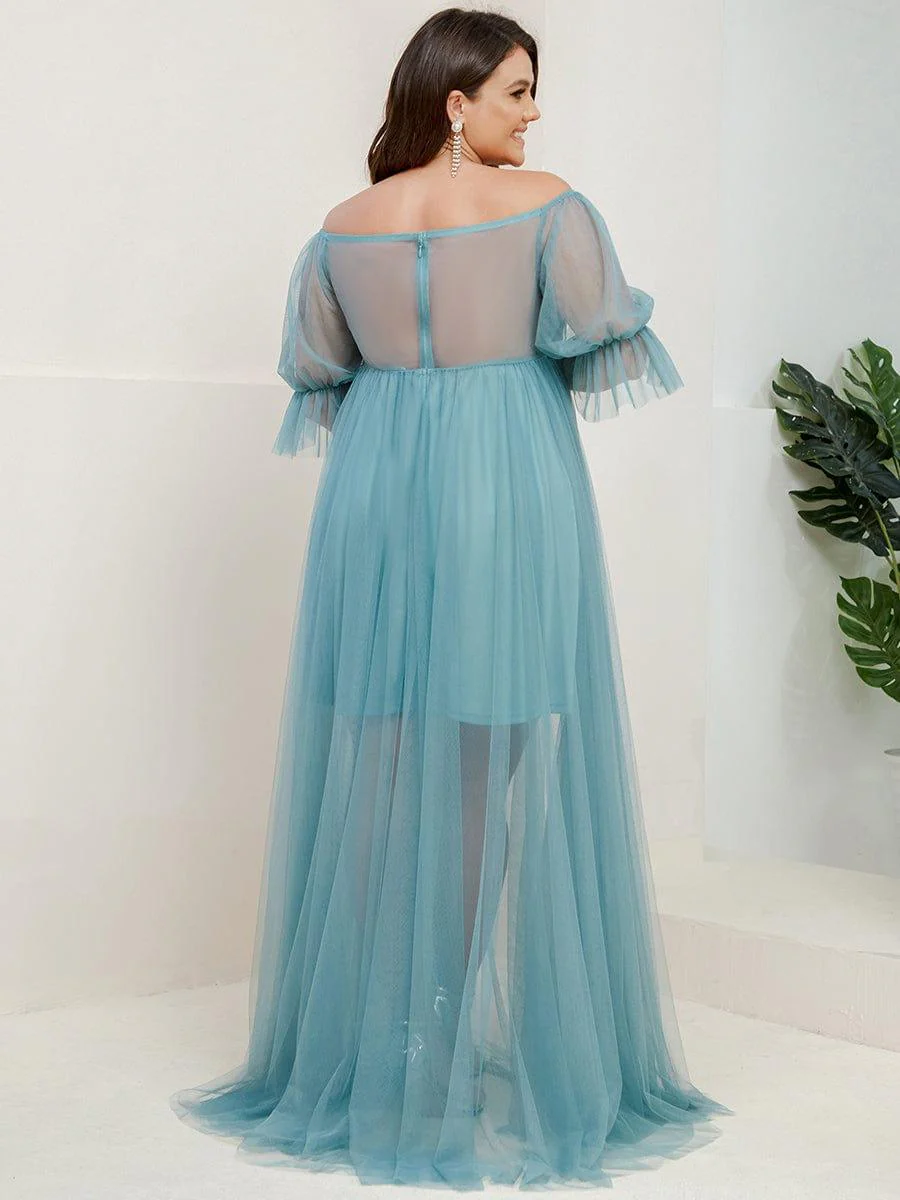Plus Size Off the Shoulder Pleated Maxi Tulle Maternity Dress - Image 27