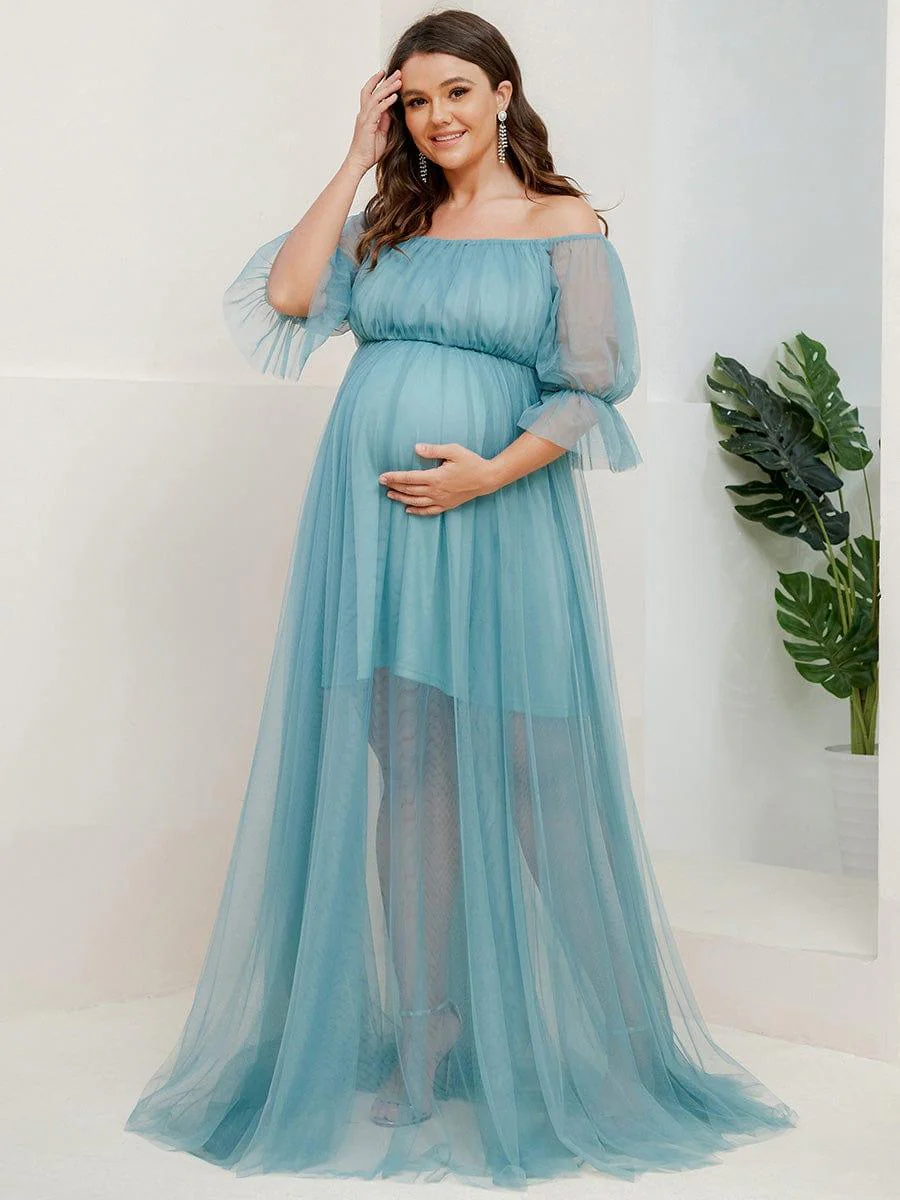 Plus Size Off the Shoulder Pleated Maxi Tulle Maternity Dress - Image 28