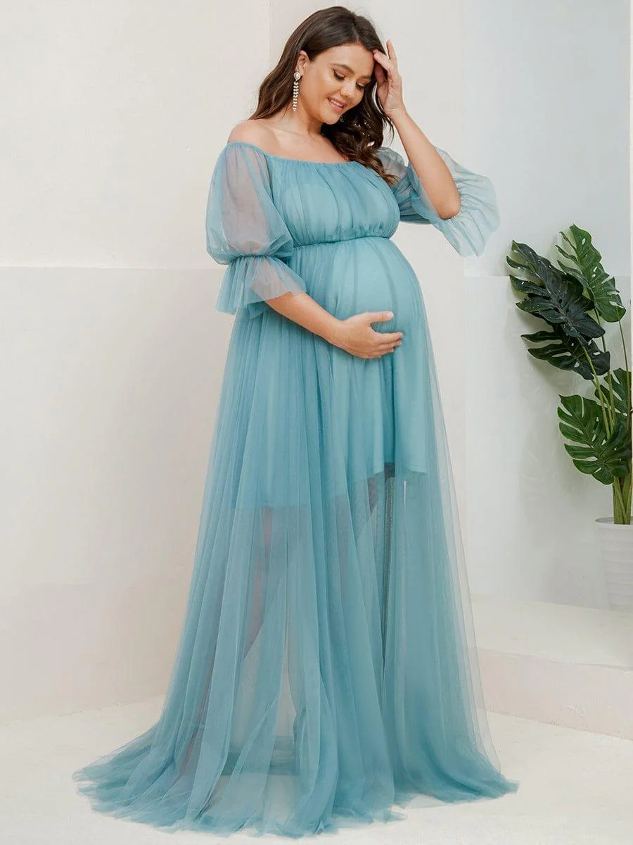 Plus Size Off the Shoulder Pleated Maxi Tulle Maternity Dress - Image 29