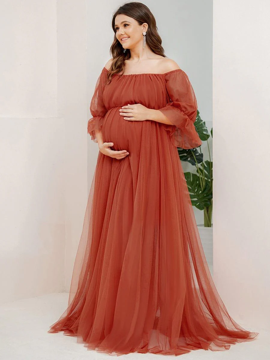 Plus Size Off the Shoulder Pleated Maxi Tulle Maternity Dress - Image 3