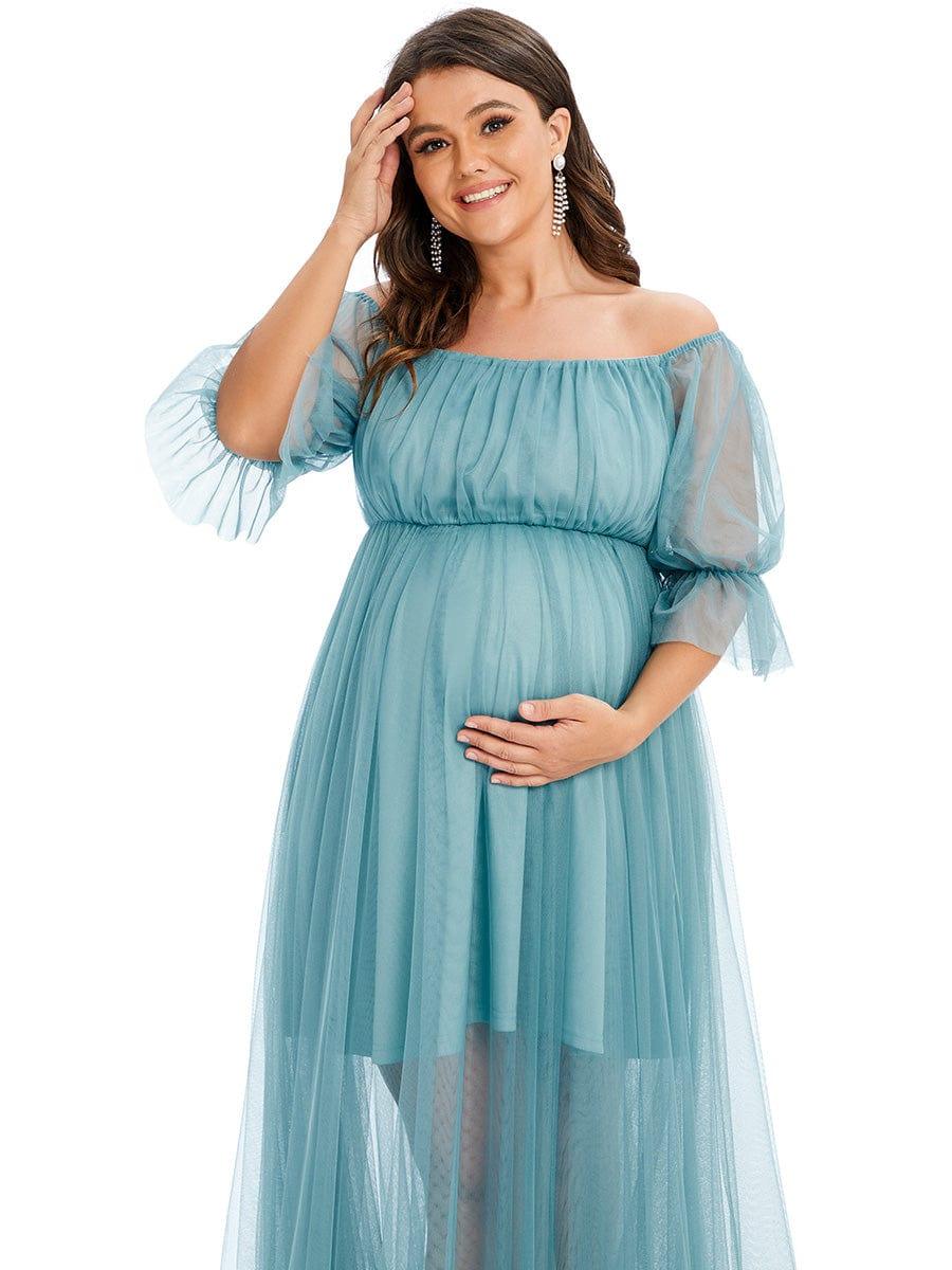 Plus Size Off the Shoulder Pleated Maxi Tulle Maternity Dress - Image 30