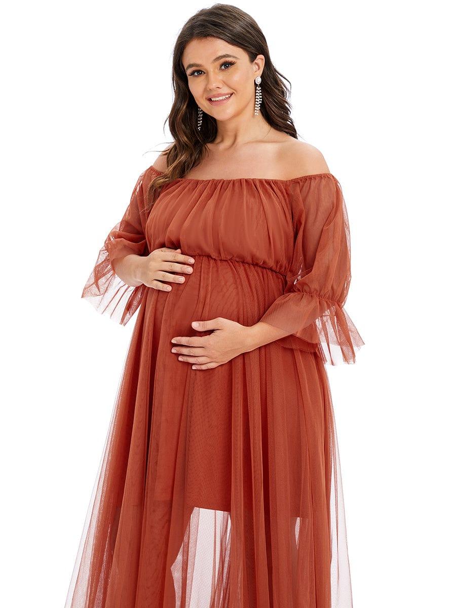 Plus Size Off the Shoulder Pleated Maxi Tulle Maternity Dress - Image 4