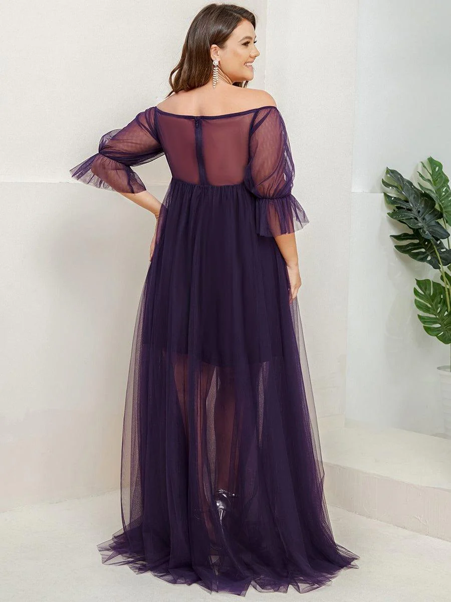 Plus Size Off the Shoulder Pleated Maxi Tulle Maternity Dress - Image 7