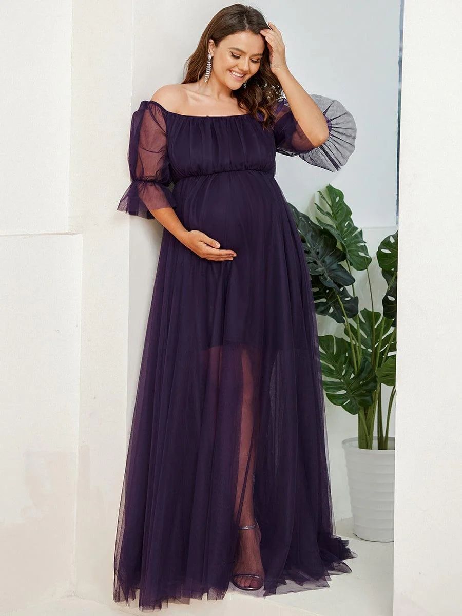 Plus Size Off the Shoulder Pleated Maxi Tulle Maternity Dress - Image 8