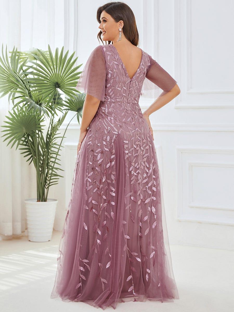 pretty ASTRAL|Plus Size Romantic Shimmery V Neck Ruffle Sleeves Evening Gown - Image 10