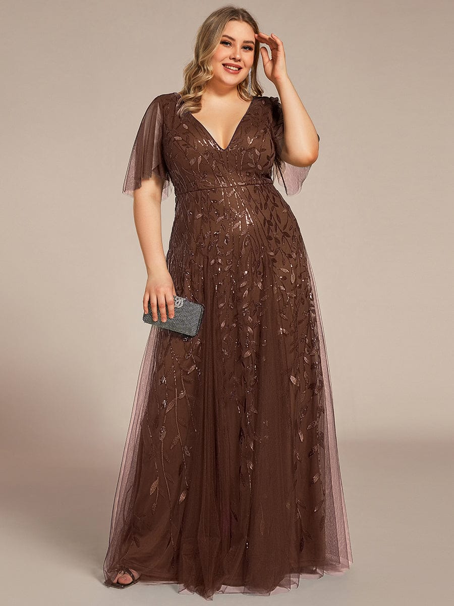 pretty ASTRAL|Plus Size Romantic Shimmery V Neck Ruffle Sleeves Evening Gown - Image 104
