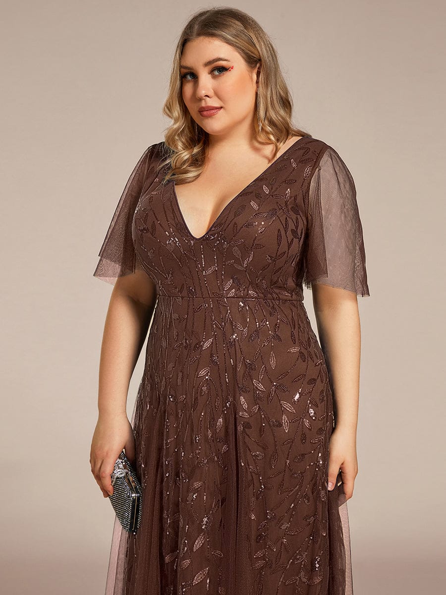 pretty ASTRAL|Plus Size Romantic Shimmery V Neck Ruffle Sleeves Evening Gown - Image 105