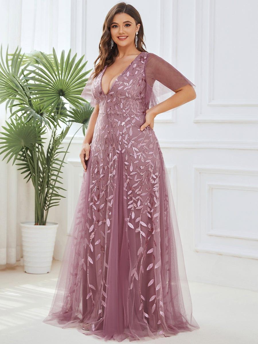 pretty ASTRAL|Plus Size Romantic Shimmery V Neck Ruffle Sleeves Evening Gown - Image 11