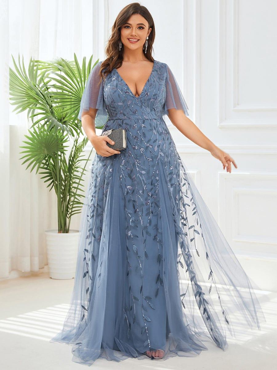 pretty ASTRAL|Plus Size Romantic Shimmery V Neck Ruffle Sleeves Evening Gown - Image 14