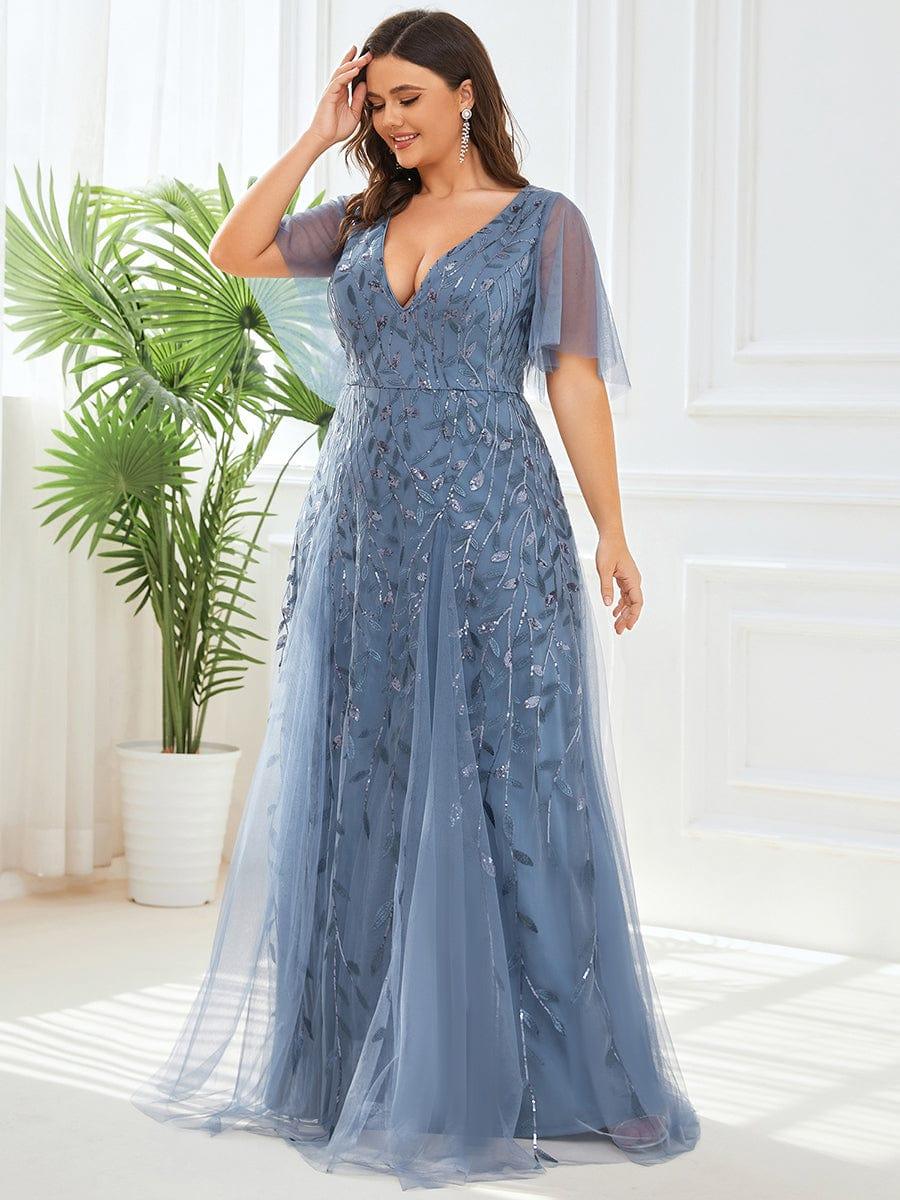 pretty ASTRAL|Plus Size Romantic Shimmery V Neck Ruffle Sleeves Evening Gown - Image 16