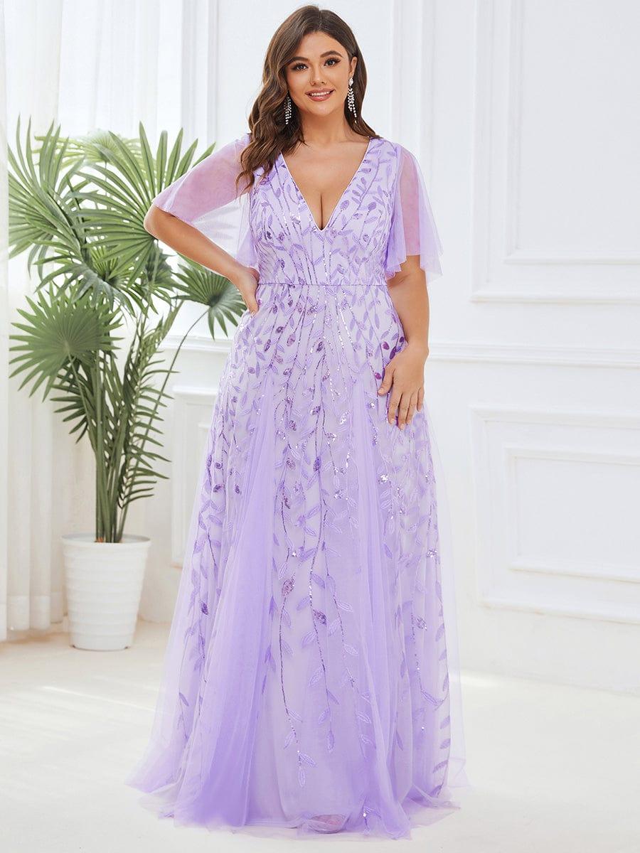 pretty ASTRAL|Plus Size Romantic Shimmery V Neck Ruffle Sleeves Evening Gown - Image 19