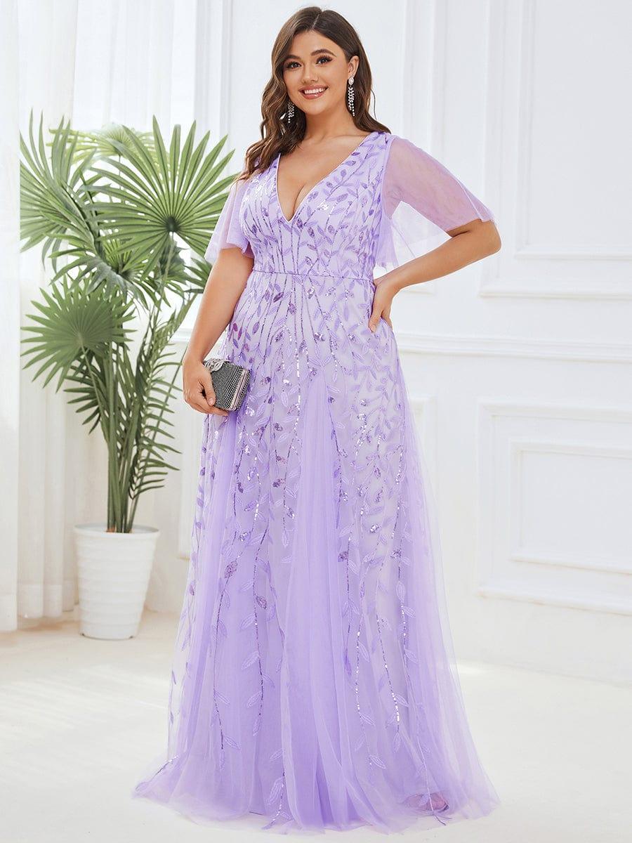 pretty ASTRAL|Plus Size Romantic Shimmery V Neck Ruffle Sleeves Evening Gown - Image 21