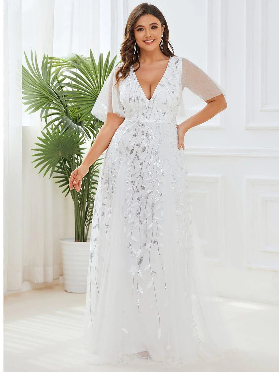 pretty ASTRAL|Plus Size Romantic Shimmery V Neck Ruffle Sleeves Evening Gown - Image 24