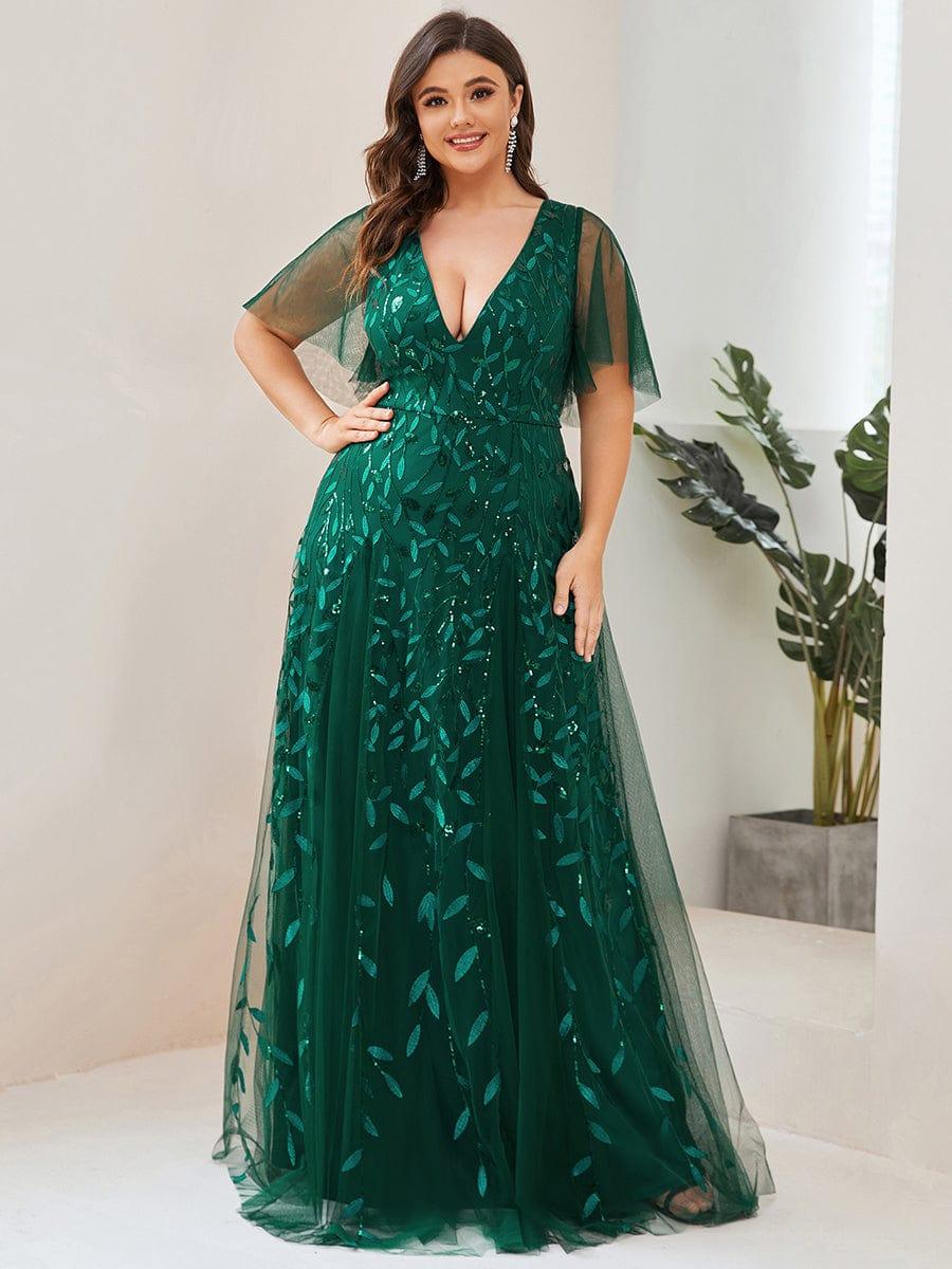 pretty ASTRAL|Plus Size Romantic Shimmery V Neck Ruffle Sleeves Evening Gown - Image 29