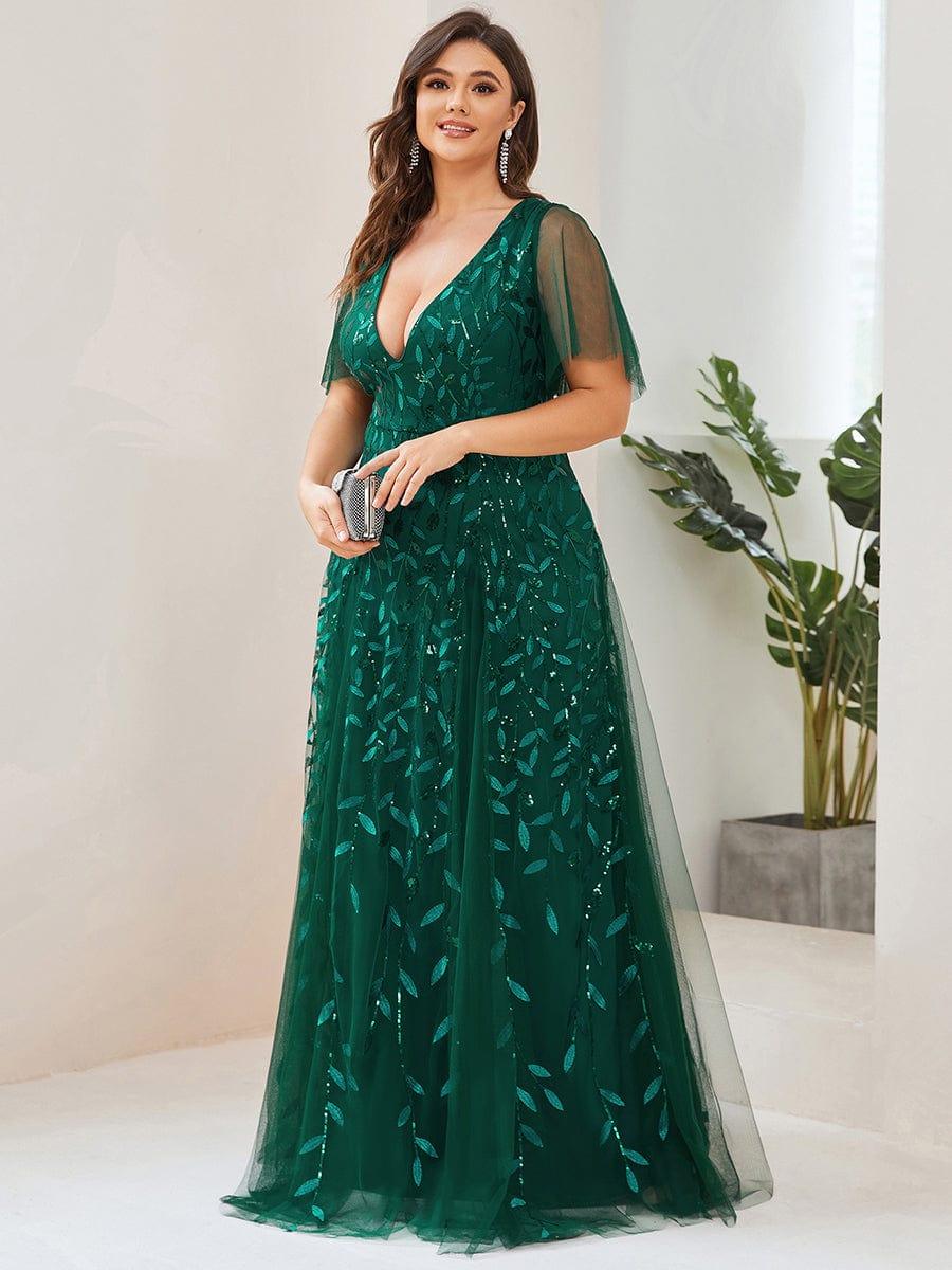 pretty ASTRAL|Plus Size Romantic Shimmery V Neck Ruffle Sleeves Evening Gown - Image 31
