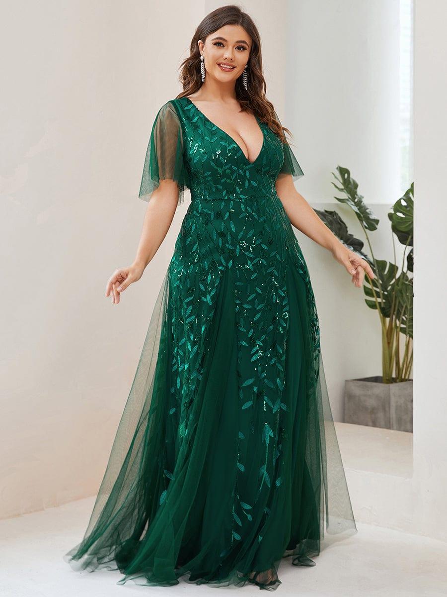 pretty ASTRAL|Plus Size Romantic Shimmery V Neck Ruffle Sleeves Evening Gown - Image 32