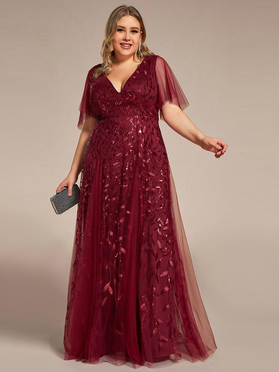 pretty ASTRAL|Plus Size Romantic Shimmery V Neck Ruffle Sleeves Evening Gown - Image 34