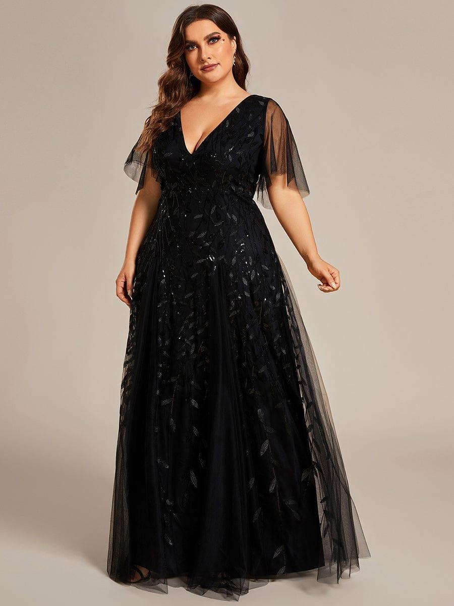 pretty ASTRAL|Plus Size Romantic Shimmery V Neck Ruffle Sleeves Evening Gown - Image 39