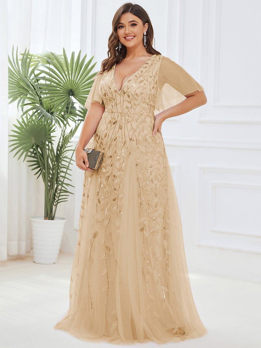 pretty ASTRAL|Plus Size Romantic Shimmery V Neck Ruffle Sleeves Evening Gown - Image 44
